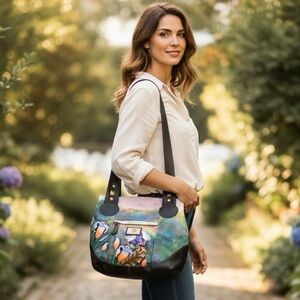 SHARIF HAND PAINTED LEATHER BUTTERFLY GARDEN SHOULDER PURSE - NWT